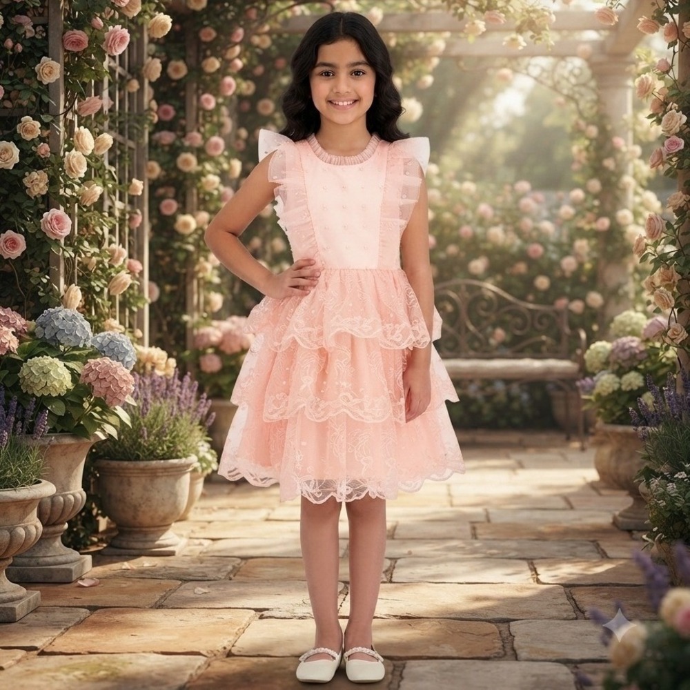 NEW Embroidered Ruffle Sleeveless Dress Pink / Peach Wedding Flower Girl Size 8